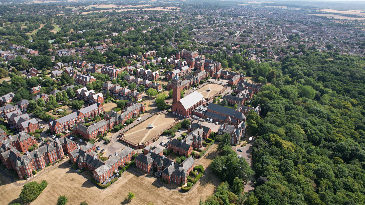 London city from above. Houses, yellow grass and green trees.