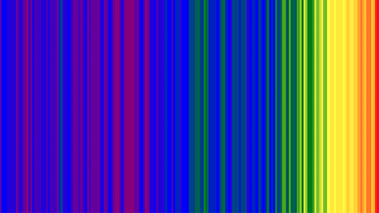 Vertical rainbow coloured stripes that show global average temperature change over the last 150 years. Blue and purple stripes on the left hand side show cooler years, and green, yellow, orange, red stripes to the right show warmer years.